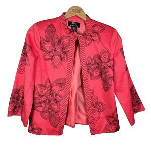 Trenz By Theresa Reax Womens Blazer Medium Orange Floral Embroidered Open Front